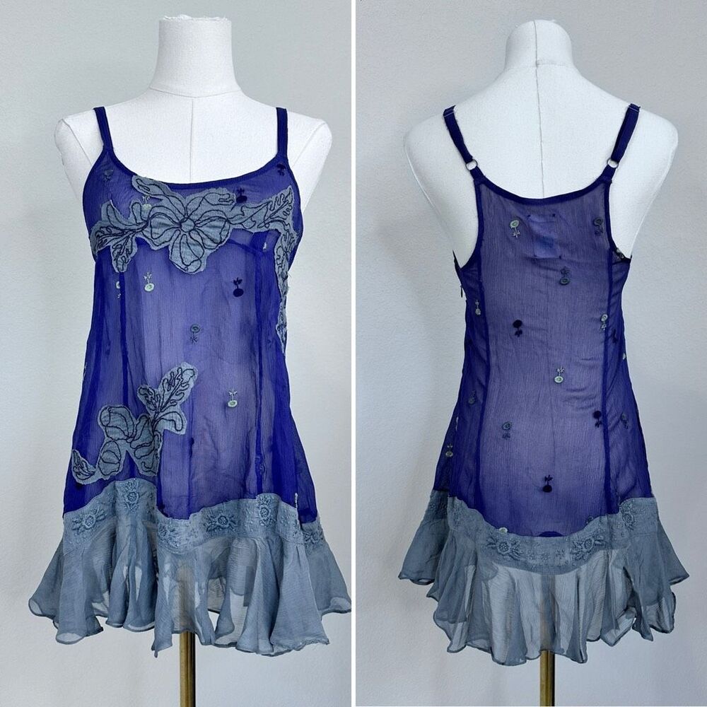 Free People Vintage Y2K Silk Embroidered Appliqué Cami Top 2 Boho Coquette Fairy - Picture 4 of 13